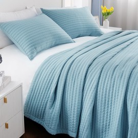 Oversized Queen Quilt Set – 102"x106" Soft Washed 3-Layer Lightweight Bedspread with Multi-Lock Quilting, Minimalist Nordic Bedding, All-Season Quilt Set for Spring & Summer, (1 Quilt + 2 Shams)Blue