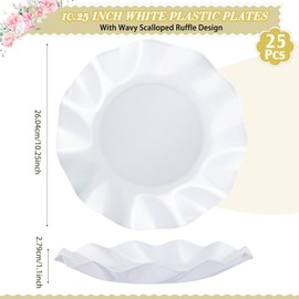 Zhehao 25 Pcs 10 Inch White Scalloped Plastic Plates Breakproof Light Weight Dessert Dinner Appetizer Plates for Wedding Baby Shower Bridal Gender Reveal Birthday Pastel Party Supplies