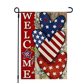 4th of July Patrioctic Welcome Garden Flag 12x18 Inch Double Sided USA Flag Hearts Blue Red Memorial Day Independence Day Outside Yard Party Decoration