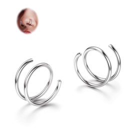 BodyBonita 2Pcs Silver Softened 316L Stainless Steel Double Hoop Nose Ring for Single Piercing 20G Bendable Twist Spiral Nose Rings Hoops for Women 8 mm
