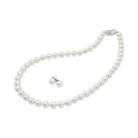 Pearl Necklace Set, 8 mm, 16.5 Inches (42 cm), Shell Pearl White or Silver Black or Natural, Clip - on or Pierced Earrings