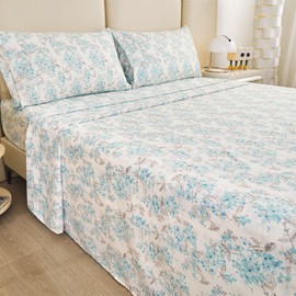 Viviland Floral Queen Sheet Set 4 Pieces Light Blue Flower Bed Sheet Soft Breathable Brushed Microfiber Bedding Sheets & Pillowcases Wrinkle Free Fitted Sheet with 15" Deep Pocket for Queen Size