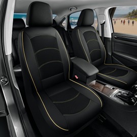 Road Comforts Car Seat Covers, Leather Front Seat Covers with Piping, Air-Cool Mesh Designed, Airbag Compatible Automotive Seat Covers for Most Car, Truck, Van, SUV - Black with Beige Piping