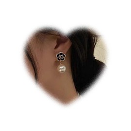 W WEILIRIAN Vintage Pearl Dangle Earrings Black Flower Earrings Crystal Flower Stud Earrings Pearl Drop Earrings Pearl Flower Earrings Jewellery for Women and Girls Gifts, Resin