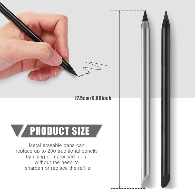 2 Pieces Metal Inkless Pen Inkless Erasable Pencil Metallic Pencil