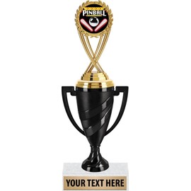 Crown Awards Pinball Award Trophies, 12" Black Swirl Cup Trophy with Pinball Figure, Engraving Included Prime