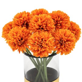 Blooming Paradise 10Pcs Artificial Fake Flower Plants Silk Chrysanthemum Ball Hydrangea Arrangements Wedding Bouquets Decor Home Kitchen Garden Party Table Floral centerpieces DIY (Orange)