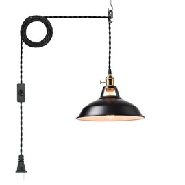 YUBOLE Industrial Hanging Lights with Plug in Cord, Black Barn Pendant Light with Switch for Kitchen Bedroom Bar Reataurant Cafe Loft