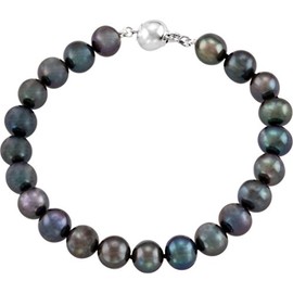 The Men's Jewelry Store Sterling Silver Freshwater Cultured Black Pearl Strand Bracelet (8mm-9mm), 6.5"