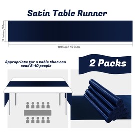 KKJIAF 2 Pack Navy Blue Table Runners 12 x 108 Inch, Rectangular Smooth Satin Silk Table Runner for Wedding, Banquet, Birthday Party Decoration