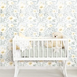 RoomMates RMK11905WP Clara Jean Yellow and Green April Showers Peel and Stick Wallpaper