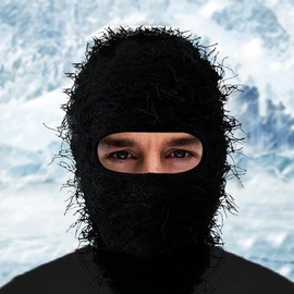 CORIRESHA Men Women Winter Distressed Balaclava Knitted Cool Full Face Ski Windproof Mask, Rose Red, One Size