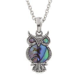 Kiara Jewellery Owl Pendant Necklace Inlaid With Natural greenish blue Paua Abalone Shell on 18" Trace Chain. Non Tarnish Silver Colour Rhodium plated.