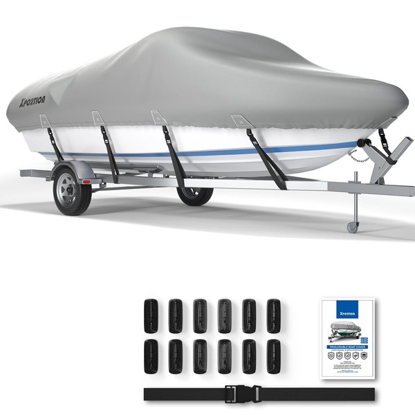 XPORTION Boat Cover, 20'-22' Universal Boat Cover, 800D Marine Grade Polyester Canvas Waterproof Boat Cover, Fits V-Hull, Runabout Boat Cover, Tri-Hull, Pro-Style Bass Boat with Tightening Strap