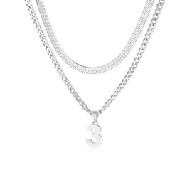 KLIFOWDY Number Necklace, Layered Necklace for Men, Number Necklace for Boy Athlete, 18+20 In Silver Chain for Men With Number 3 Pendant, Basketball Football Baseball Number Necklaces For Boys