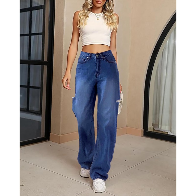 Necooer Women's Wide Leg Jeans High Waisted Distressed Boyfriend Jeans