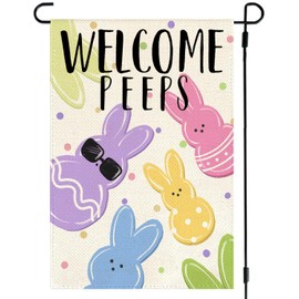 ARGOOFG Welcome Peeps Easter Garden Flag 12x18 Inch Double Sided Outside Colorful Bunny Holiday Seasonal Decorative Outdoor Spring Yard Porch Decoration