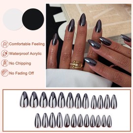 Pack of 24 Glue-On Nails, Almond, French Tips, Press On Nails, Black Aurora Artificial Fingernails for Sticking, Acrylic False Nails, Fake Nails, Reusable False Nails for Women