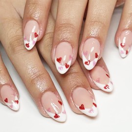 24Pcs Valentines Day Press on Nails Short Almond Fake Nails White French Tip Acrylic nails Pink Red Heart False Nails with Glitter Design Artificial Glue on Nails for Women French Valentines Manicure