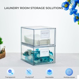 SACREDAY 2 Pack Laundry Room Organization and Storage Containers with Labels, Stackable Clear Plastic Storage Drawers for Dryer Sheet Holder, Laundry Pods Container, Laundry Room Decor for Organizing
