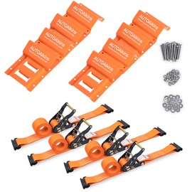 AUTOAlkins Wheel Chock Tie Down Kit, Trailer Tie Down Strap Kit, Heavy Duty Trailer Tie Down System for UTV, ATV, Mower, etc, Wheel Chock & Tie-Down Accessories, 4-Tire Kit (Orange)