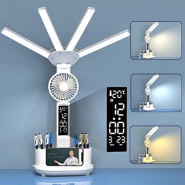 4-Head LED Desk Lamp with Fan, Dimmable Desk Light, Touch Control, Office Lamp with Clock, Pen Holder, LCD Calendar Temperature, 3 Colour Temperature Levels, Reading Lamp for Girls and Boys