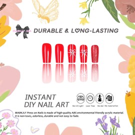 Christmas Press on Nails Medium Square MABKJLF Winter Fake Nails Wine Red False Nails with Designs Rhinestones Bow Full Cover Glossy Glue on Nails Xmas Acrylic Nails for Women Girls 24 Pcs