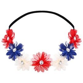 LUX ACCESSORIES Red White Blue American Flag 4th of July Independence Floral Flower Stretch Crystal Headband