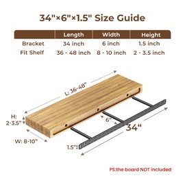 2pcs Floating Shelf Bracket Heavy Duty Decorative Floating Shelf Hardware Black Hidden Shelving Brackets for Wall,Floating Mantel Bracket for Over Fireplace (34X6X1.5 inch (for 2"-3.5" Thick Shelf)