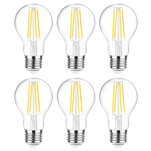 Ascher 60 Watt Equivalent, E26 LED Filament Light Bulbs, Daylight White 4000K, Non-Dimmable, Classic Clear Glass, A19 Light Bulb with 80+ CRI, 6-Pack
