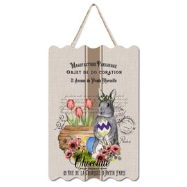 Happy Easter Wood Sign, Flower Pink Tulip Easter Bunny Rabbit Hanging Wood Plague Reproduction Poster Signs Wall Door Hanging, 8 X 14 Inches