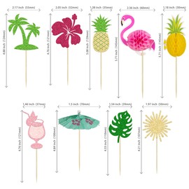 36 piezas de decoración tropical para magdalenas, palmera, flores, tortuga, hojas, flamenco, piña, cupcakes, palillos para verano, hawaiano, tropical, luau, fiesta de cumpleaños, suministros de decoración de pasteles