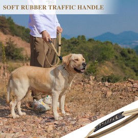 Dote on Tactical Dog Lead with Padded Handles 4.5-6.3FT Shock Absorbing Bungee Heavy Duty Reflective Lead Strong No-Pull Design Metal Carabiner Clip Car Seat Belt for Medium Large Dogs, Khaki