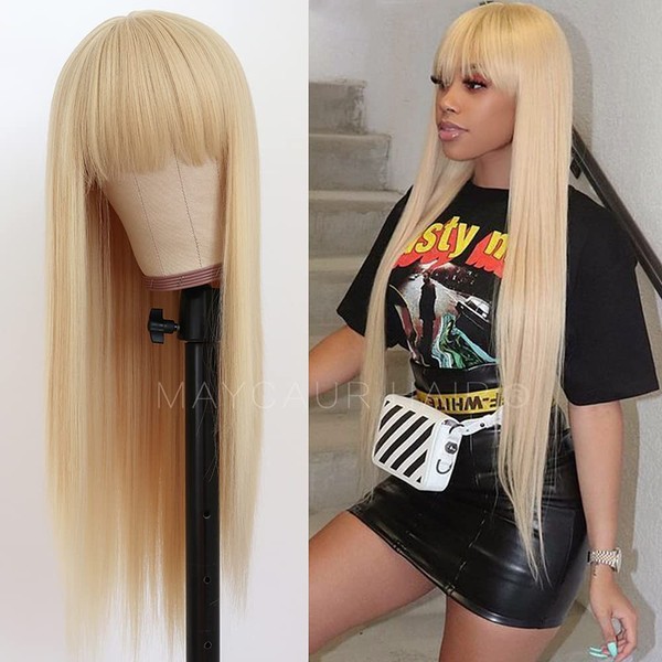 Maycaur Blonde Synthetic Hair Wigs with Full Bangs #613 Color Long Straight Women's Wig Heat Resistant Synthetic No Lace Wigs for Fashion Women