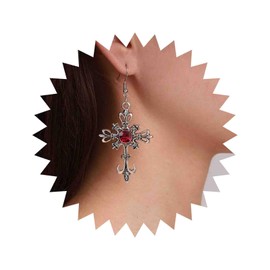 Yheakne Boho Ruby Cross Earrings Silver Celtic Cross Drop Earring Large Religious Cross Dangle Earrings Gothic Red Gemstone Earrings Jewellery for Women and Girls, Zinc, No Gemstone