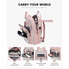 LOVEVOOK Laptop Backpack, D-Pink-Grey, 15.6in Laptop Compartment, 26L Capacity, 18 Pockets, Ergonomic Shoulder Straps, USB Charging Port