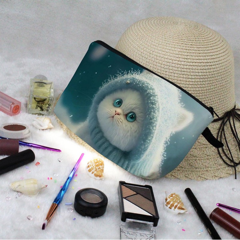 Livel lhood Chubby White Cat Makeup Bag Adorable Kitten Pattern