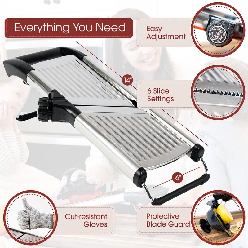 Stainless Steel Mandoline Slicer for Kitchen – 6-Setting Adjustable, 16.5