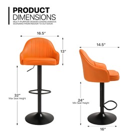 MoNiBloom Modern Shell Back Bar Stools Set of 2 PU Leather Counter Height Adjustable Swivel Barstools with Back and Arms for Pub Kitchen Dining Room Chairs with Footrest, Orange