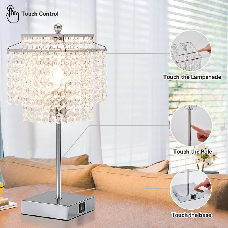 Touch Crystal Table Lamp Silver, Bedside Lamp with USB C+A