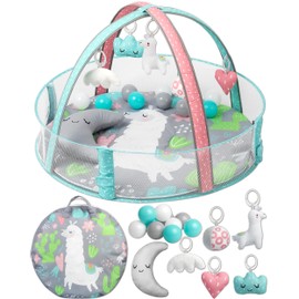 TODDLETUFF Baby Play Gym, Activity Mat | Baby Ball Pit Play Area with 5 Detachable Toys + Half Moon Pillow | Tummy Time Mat Promotes Motor Skills & Sensory Development [Llama Theme]