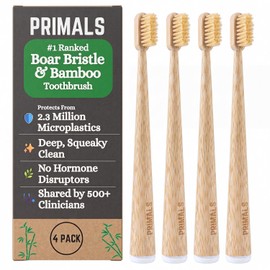 PRIMALS Cepillo de cerdas de jabalí y bambú (paquete de 4) - Cerdas de jabalí premium - Totalmente biodegradable - Libre de plástico y nylon - Diseño de secado rápido