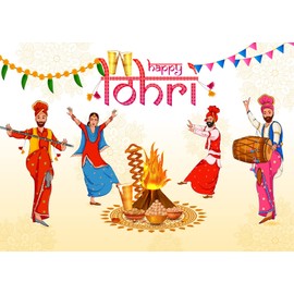 CORFOTO 9x6ft Fabric Happy Lohri Festival Backdrop Cartoon Indian People Punjabi Religious Holiday Background for Harvesting Festival Party Decorations Banner Kids Adults Photo Props