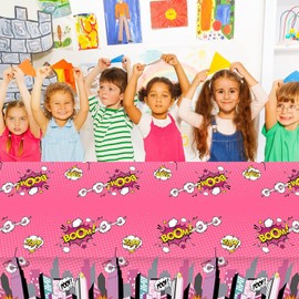 ACEmedia 3 Pieces Super Girl Hero Party Tablecloth Pink Theme Party Supplies Decoration Children Disposable Plastic Table Cover 108inch X 54inch