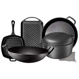 Pre Seasoned Cast Iron 7 Piece Bundle Gift Set, Double Dutch, Rectangular grill Pan, Wok, Large Skillet, Square Grill Pan & Chainmail, Camping Cookware Set