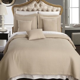 Royal Hotel Bedding Quilt Sets 7PC Bedding Set Bedspread Checkered Quilt Bed in a Bag Sheets and Coverlet Sets, Cal-King Size Quilt, Linen-Beige Quilt