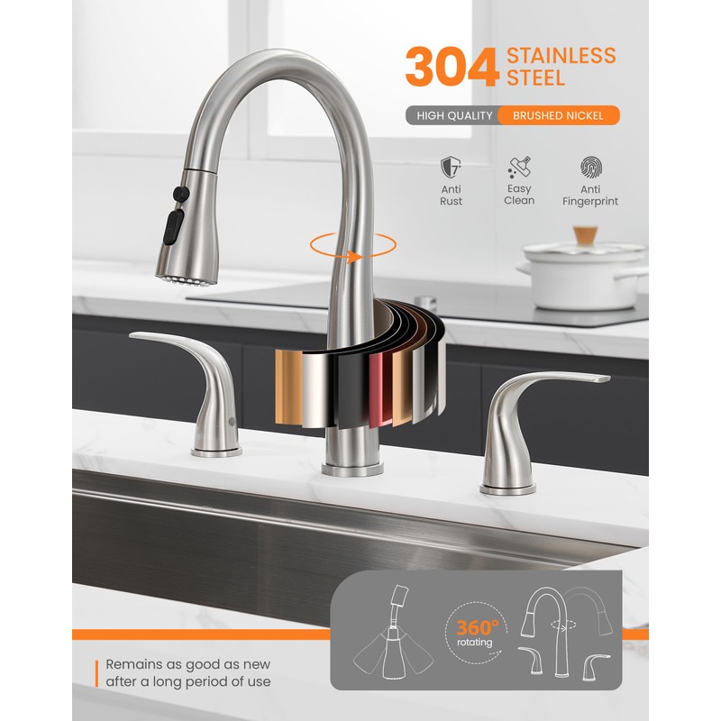 TIORIY 3 Hole Kitchen Faucet with Pull Down Sprayer, Brushed