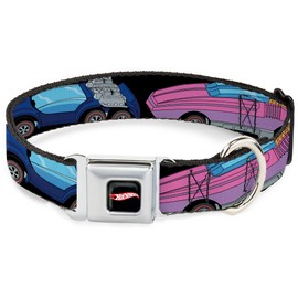 Mattel Pet Collar, Dog Collar Metal Seatbelt Buckle, Hot Wheels Logo and Four Cars Close Up Black, 20 to 31 Inches 1.5 Inch Wide