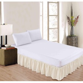 Sheets & Beyond Wrap Around Solid Microfiber Luxury Hotel Quality Fabric Bedroom Gathered Ruffled Bedding Bed Skirt 14 Inch Drop (Queen, Beige)