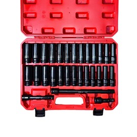 Noviitus 1/2" Drive Impact Socket Set,29-Pieces Metric (10-24mm) and SAE (3/8 to 1 inch) Sizes with 3", 5", 10" Extension bars,Deep, 6 Point,Cr-V Steel(1/2" Socket Set, Metric and SAE, 29pcs)